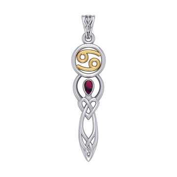 Celtic Goddess Cancer Astrology Zodiac Sign Silver and Gold Accents Pendant with Ruby MPD5938 - Jewelry